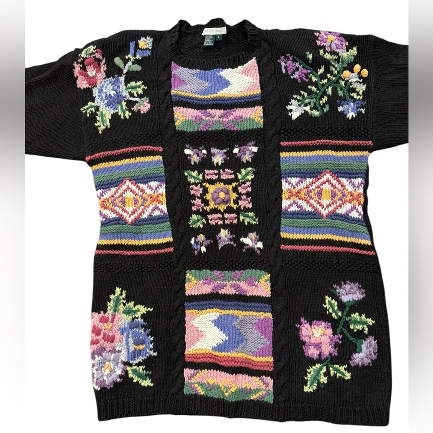 Jennifer Reede hand knit floral granny style sweater Size L
