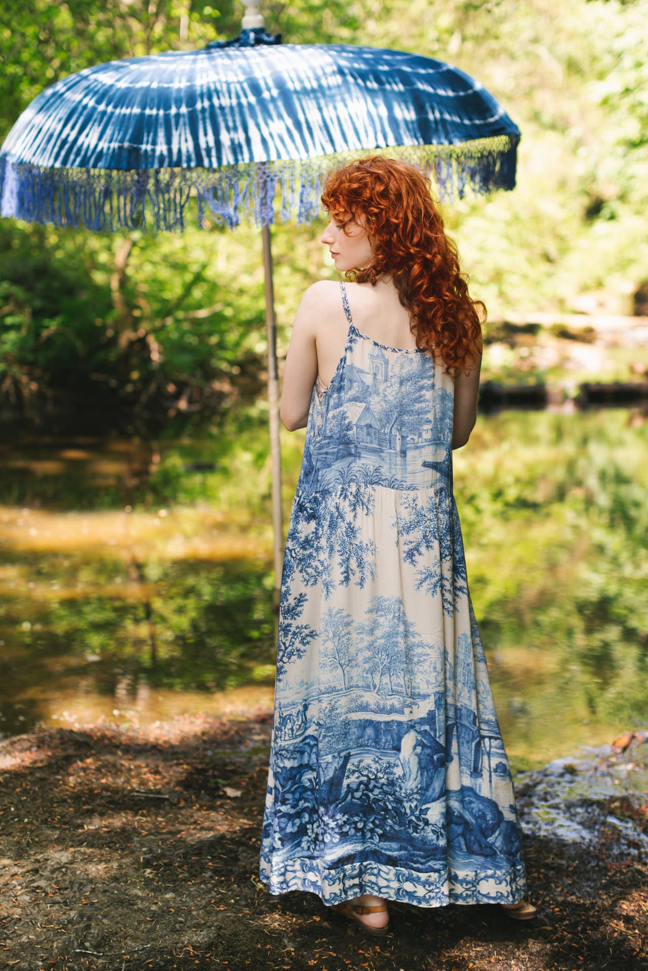 Let The Light In Bohéme Long Maxi Slip Dress w Delft Print: S/M (fits approx. size 6-10)