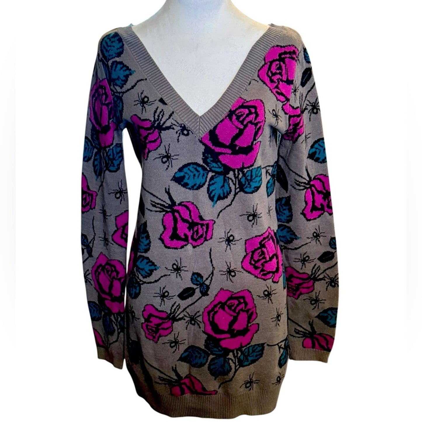 Betsey Johnson Spider Rose Intarsia Tunic Sweater Size M