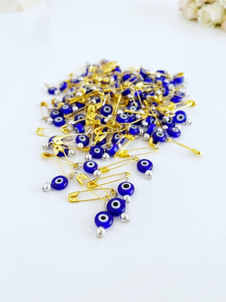 Gold Evil Eye Safety Pins, Blue Glass Evil eye, Bulk Favor