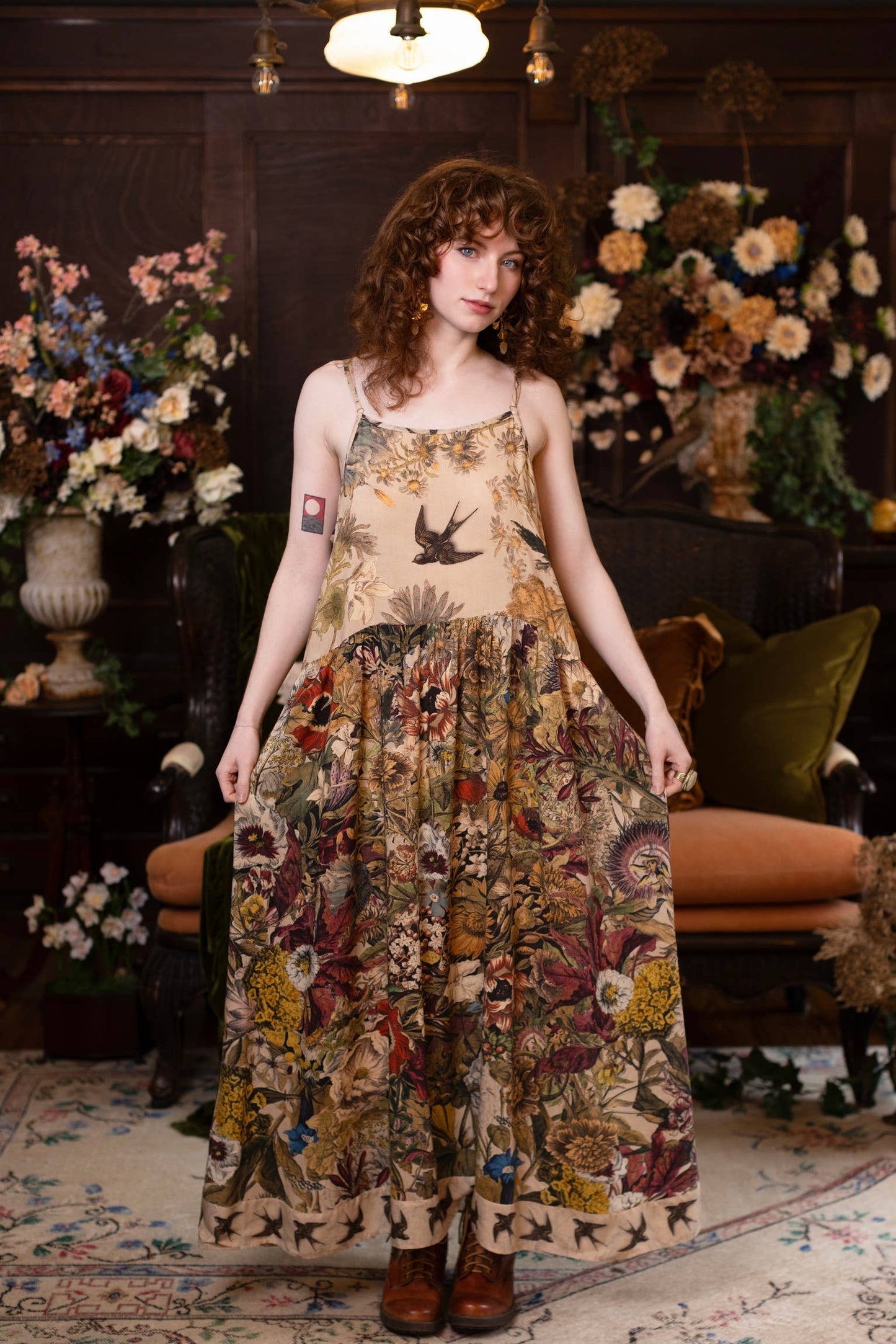 Golden Hour Bohéme Long Maxi Slip Dress w/ Floral Print: L/XL (fits approx. size 12-16)