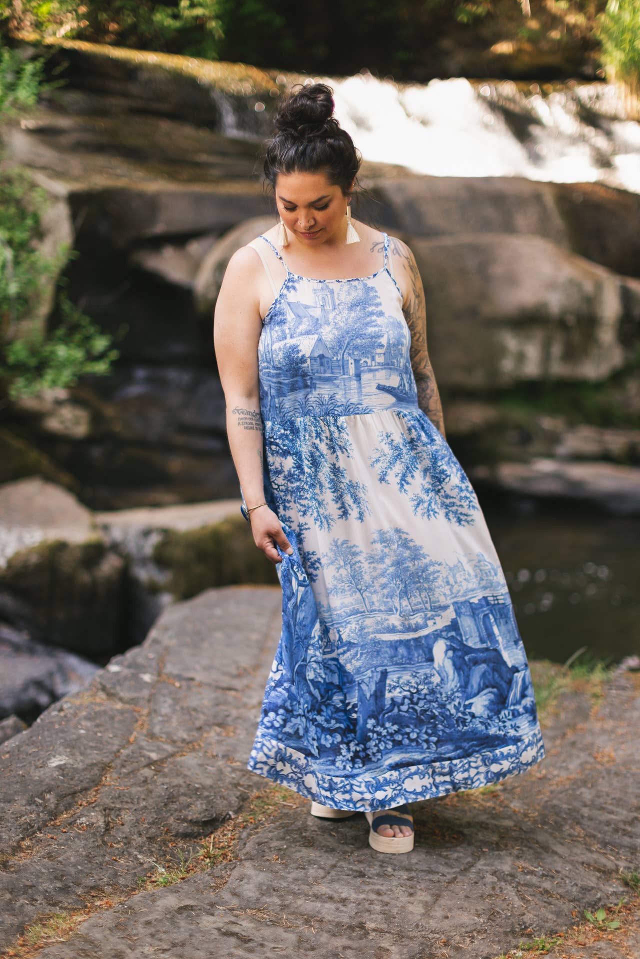Let The Light In Bohéme Long Maxi Slip Dress w Delft Print: S/M (fits approx. size 6-10)