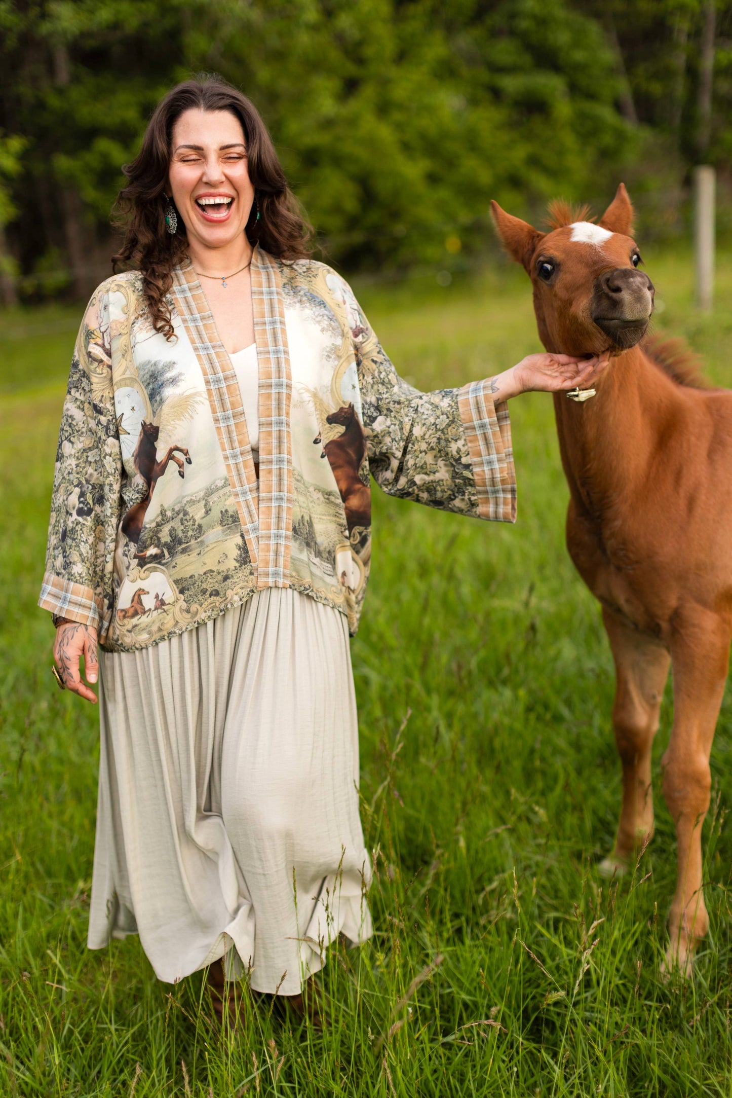 Born to Run Pixie Duster Crop Kimono w/ Horse & Flower Print