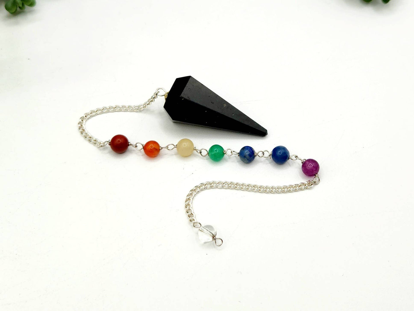 Black Tourmaline Pendulum w/Chakra Beads-Silver Plate Chain