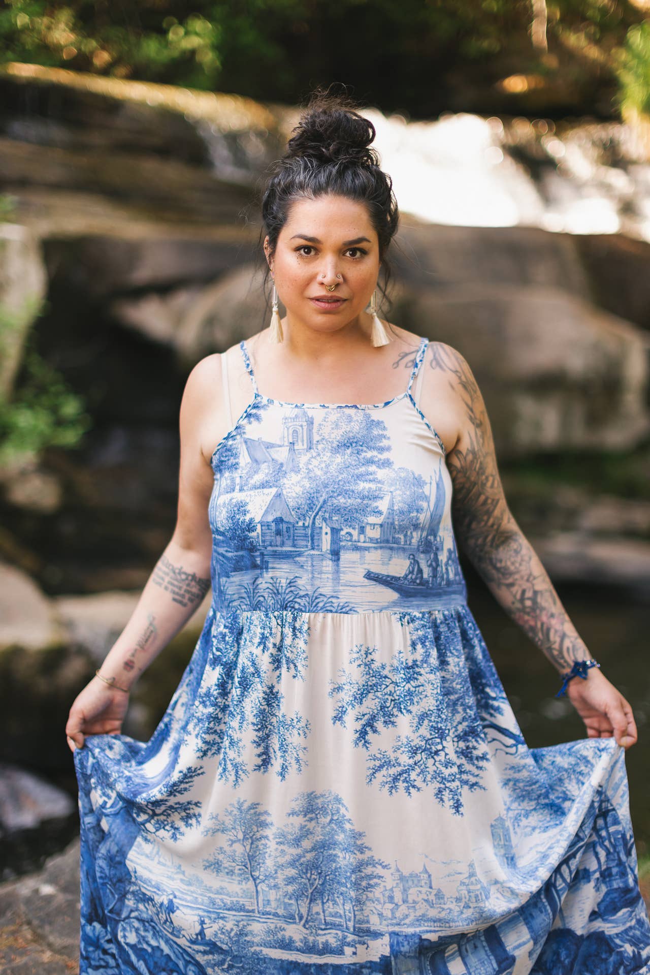 Let The Light In Bohéme Long Maxi Slip Dress w Delft Print: S/M (fits approx. size 6-10)