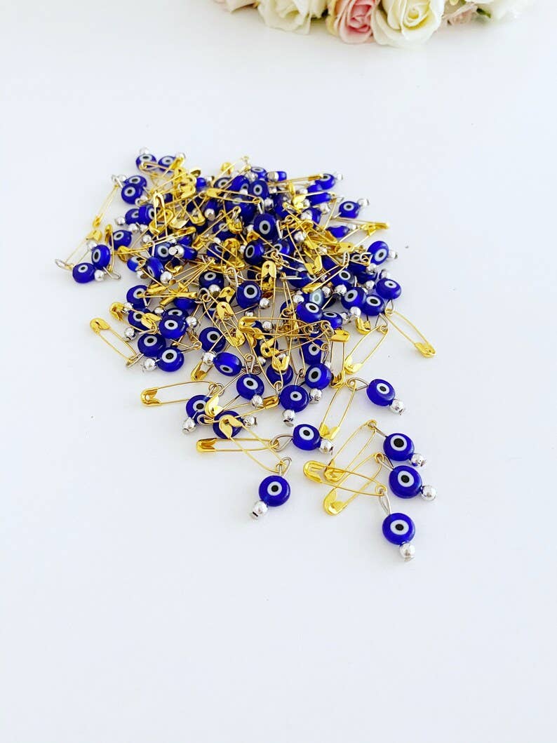 Gold Evil Eye Safety Pins, Blue Glass Evil eye, Bulk Favor
