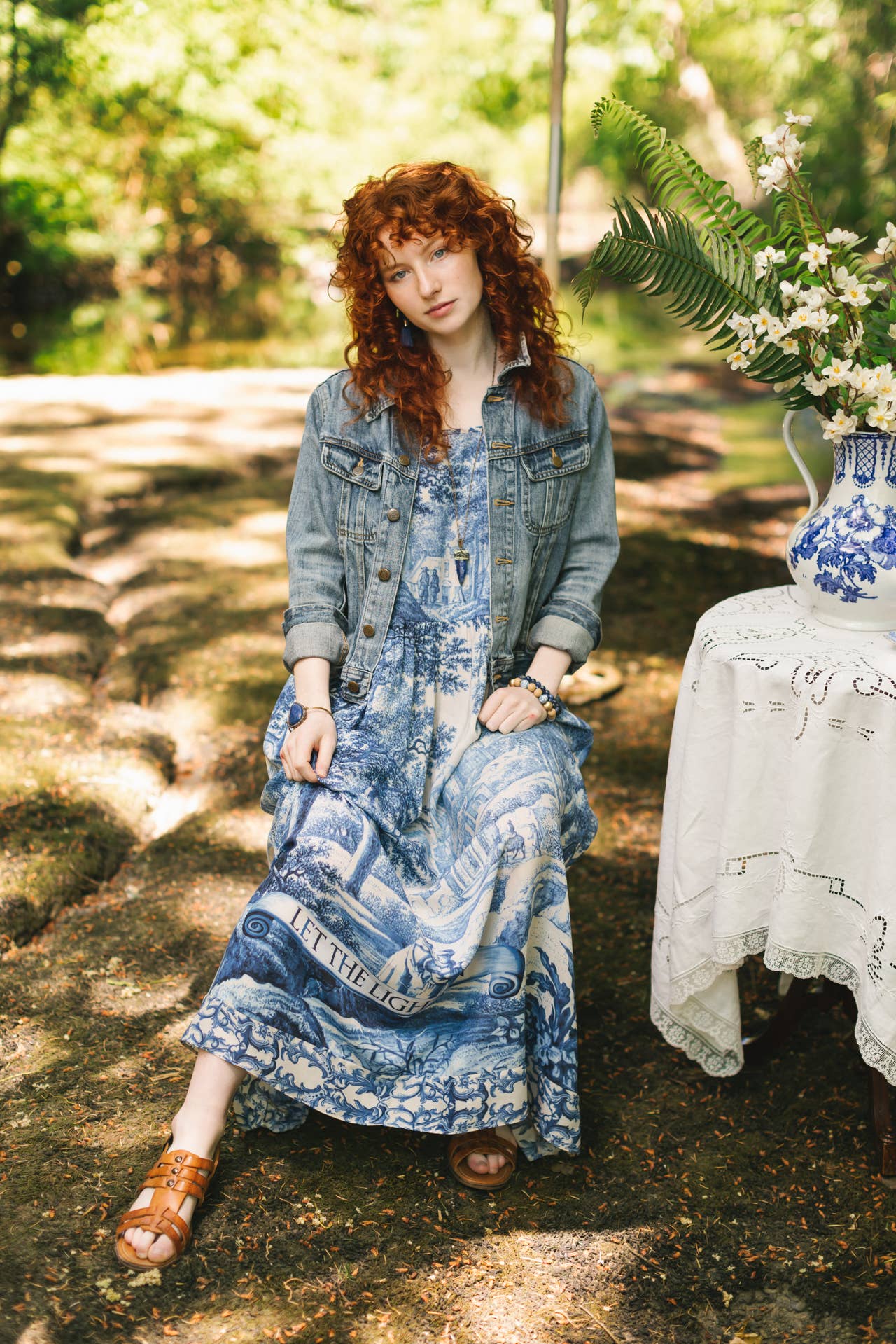 Let The Light In Bohéme Long Maxi Slip Dress w Delft Print: S/M (fits approx. size 6-10)
