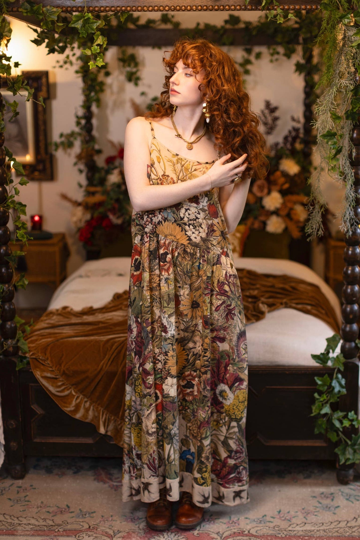 Golden Hour Bohéme Long Maxi Slip Dress w/ Floral Print: L/XL (fits approx. size 12-16)