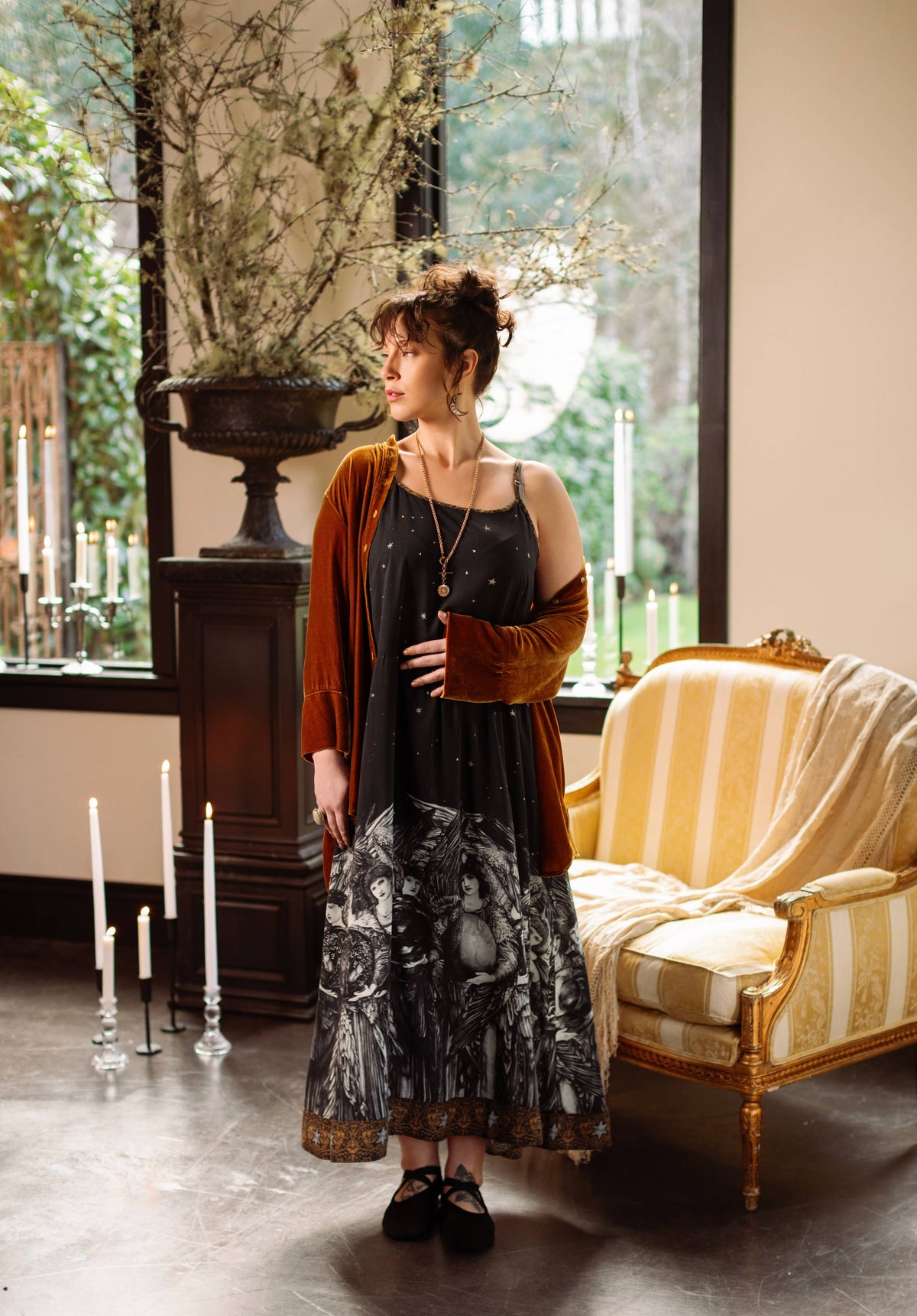 The Guardians Bohéme Slip Maxi Dress w/ angels, moon & stars: S/M (fits approx. size 6-10)