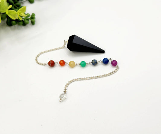 Black Obsidian Pendulum w/Chakra Beads-Silver Plate Chain