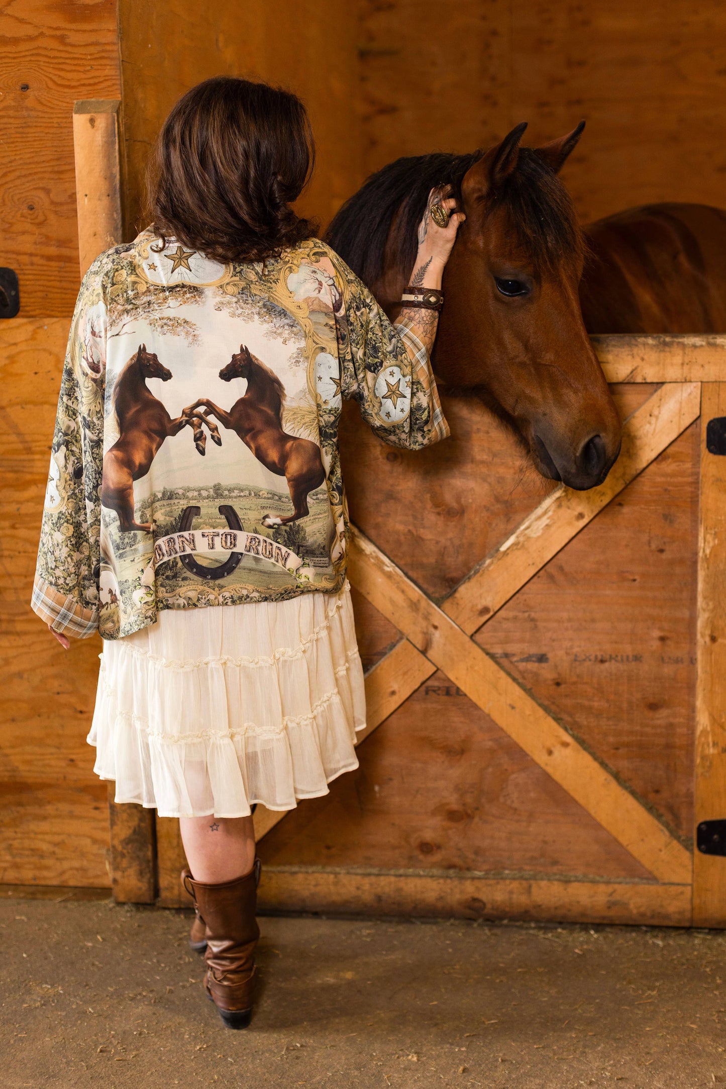 Born to Run Pixie Duster Crop Kimono w/ Horse & Flower Print