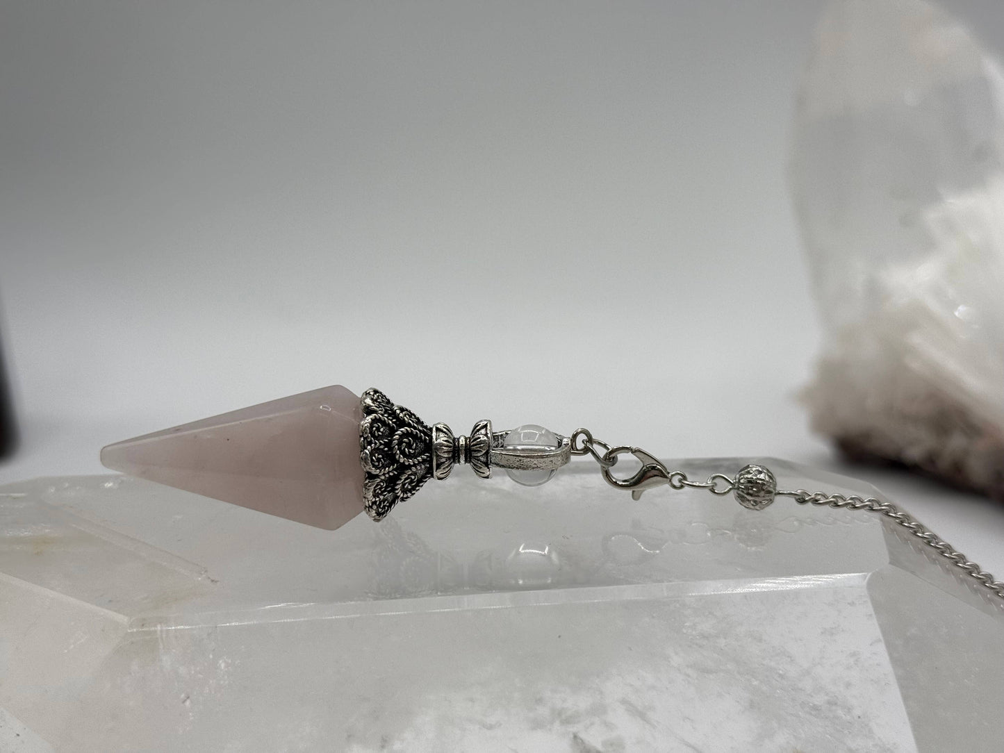 Rose Quartz Double Cap Pendulum with Silver Plate Chain
