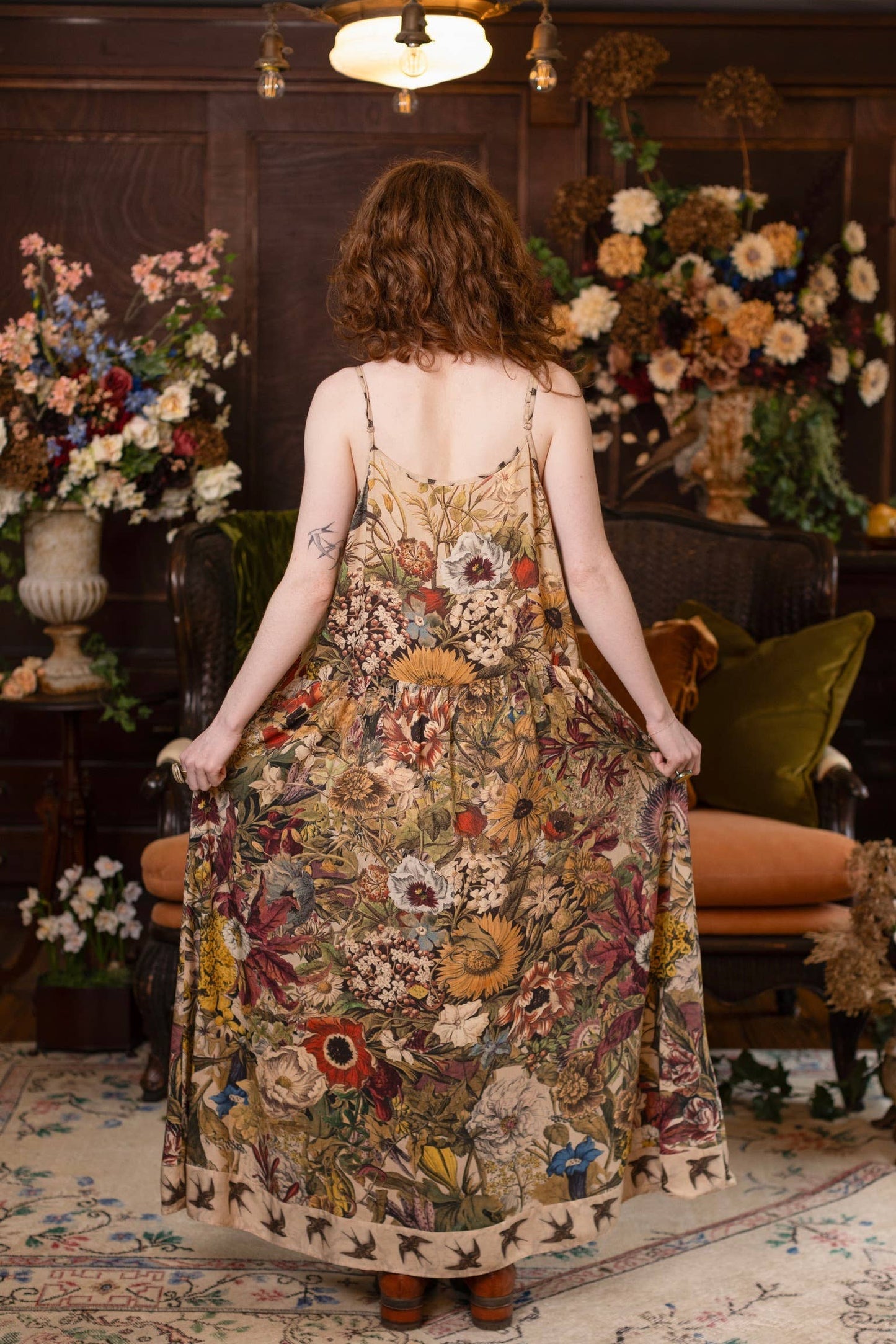 Golden Hour Bohéme Long Maxi Slip Dress w/ Floral Print: L/XL (fits approx. size 12-16)