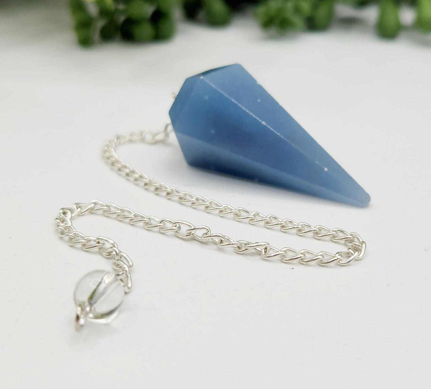 Angelite Pendulum w/Silver Plated Chain & Clear Quartz Bead