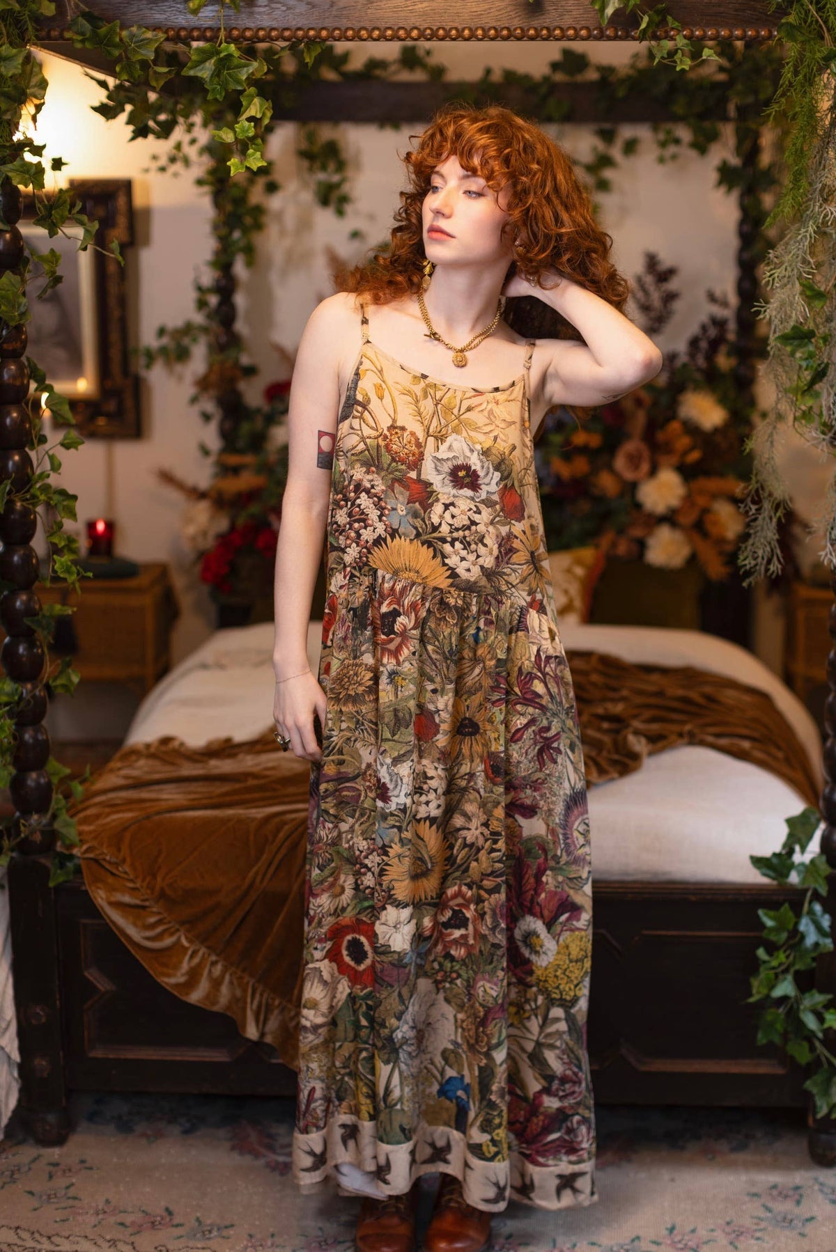 Golden Hour Bohéme Long Maxi Slip Dress w/ Floral Print: L/XL (fits approx. size 12-16)