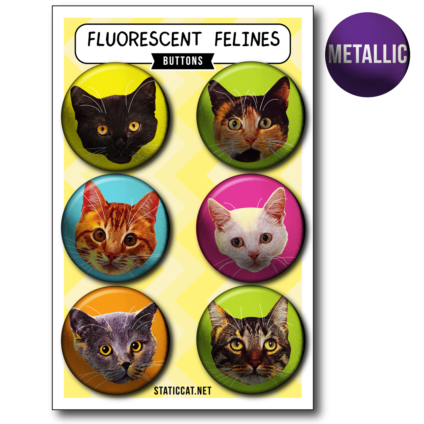 Fluorescent Felines (6-Pack) – Pins: Small METALLIC 6-pack pins