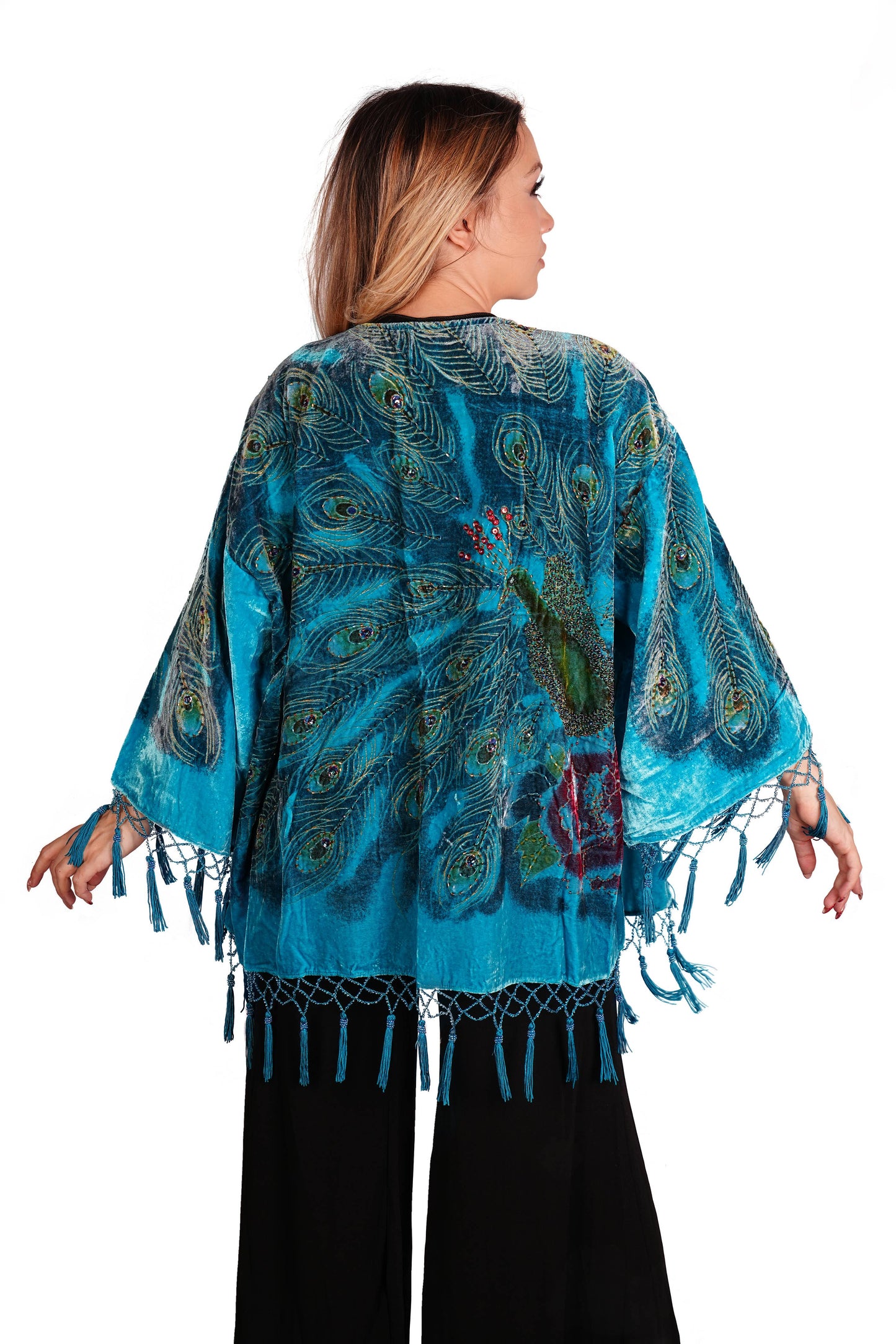 1805-Velvet Beaded Peacock Short Jacket: Purple