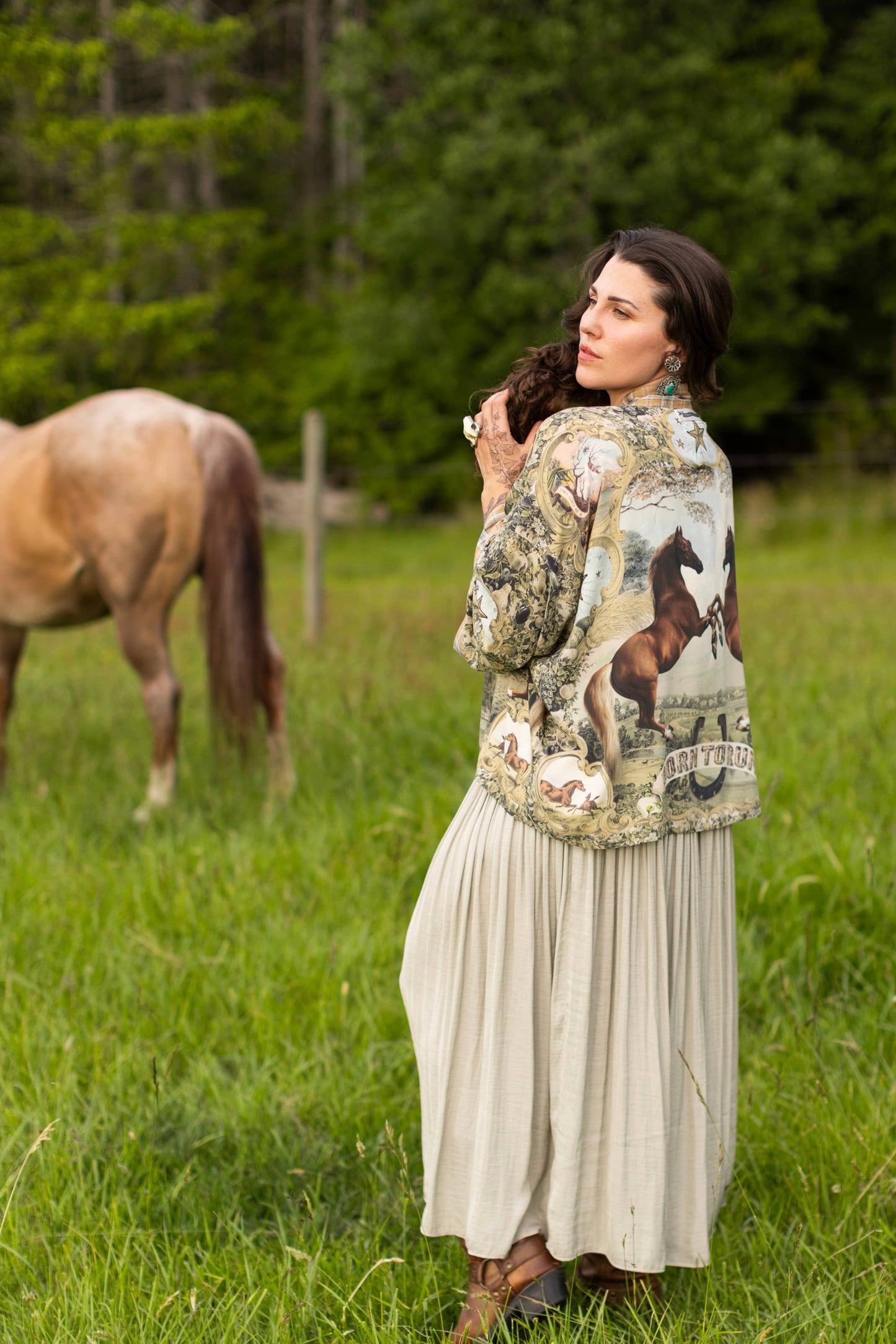 Born to Run Pixie Duster Crop Kimono w/ Horse & Flower Print