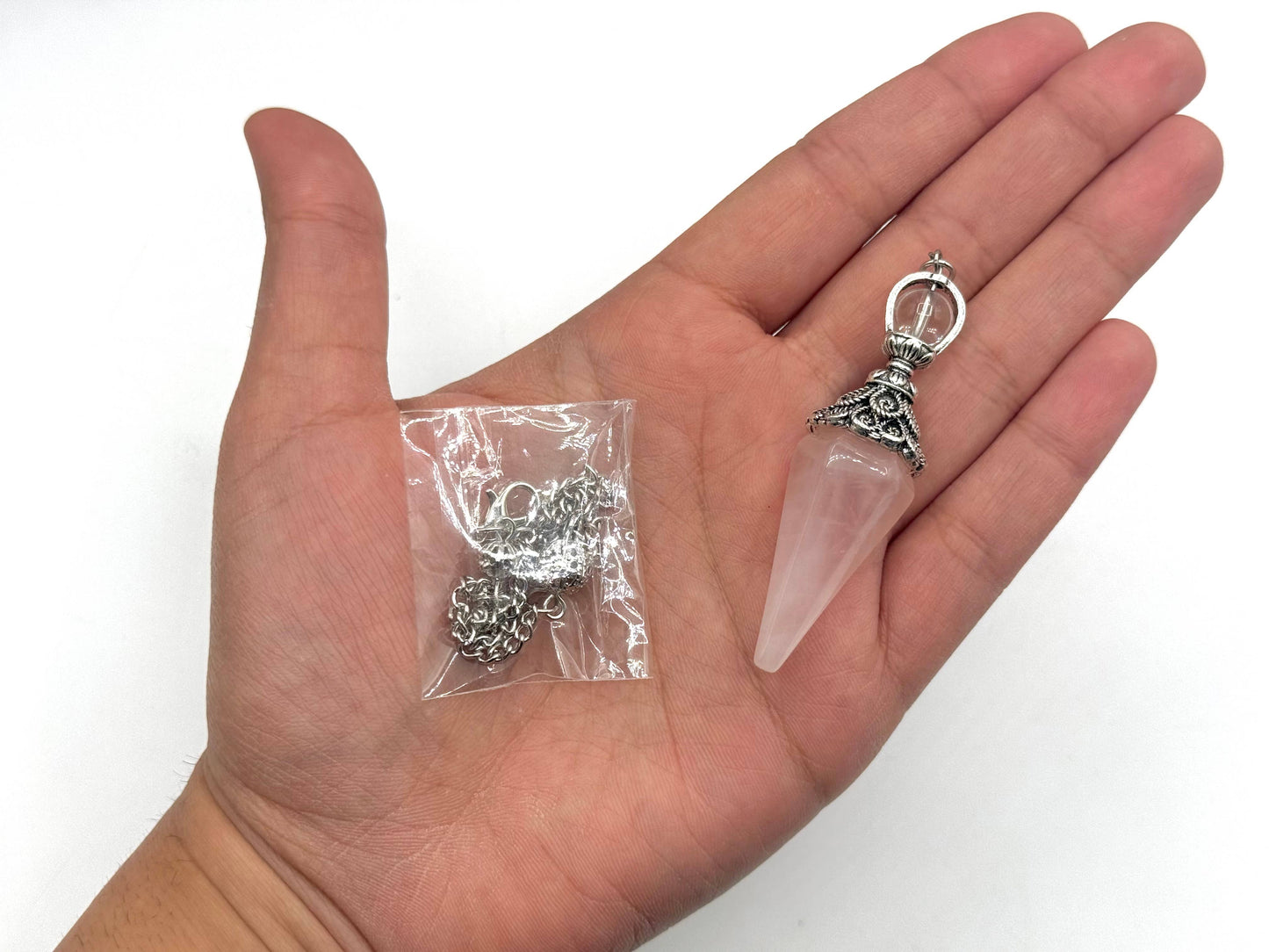 Rose Quartz Double Cap Pendulum with Silver Plate Chain