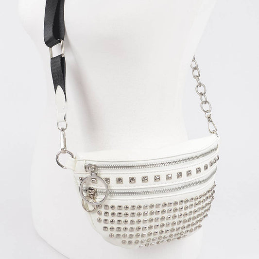 Studded Chain Fanny Pack: White