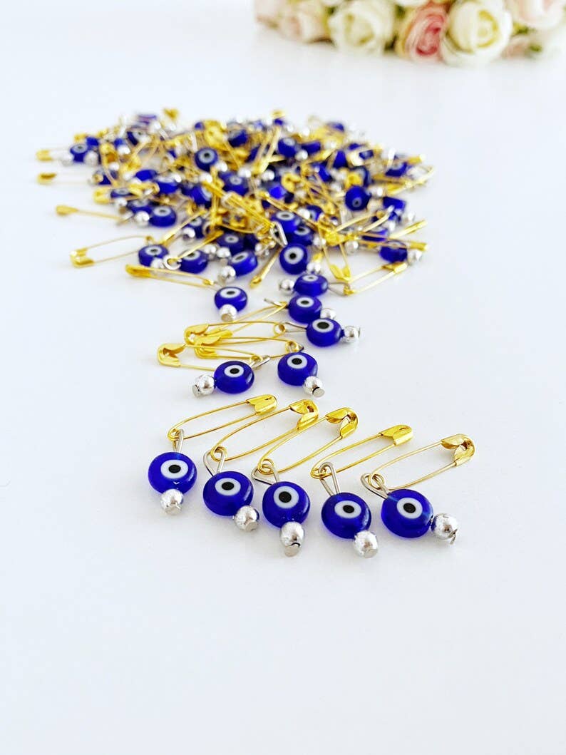 Gold Evil Eye Safety Pins, Blue Glass Evil eye, Bulk Favor