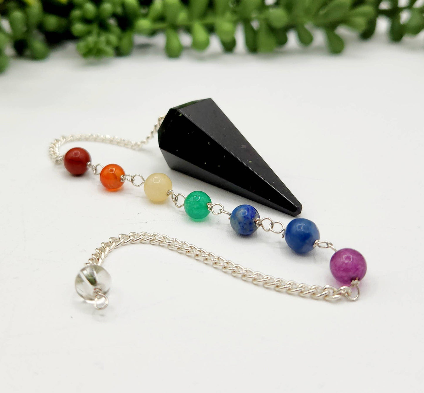 Black Tourmaline Pendulum w/Chakra Beads-Silver Plate Chain