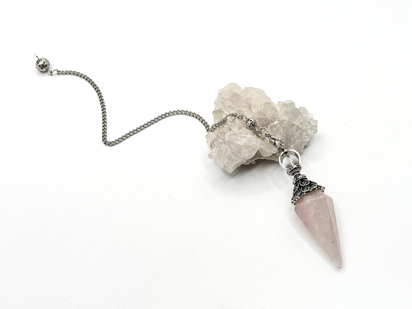 Rose Quartz Double Cap Pendulum with Silver Plate Chain