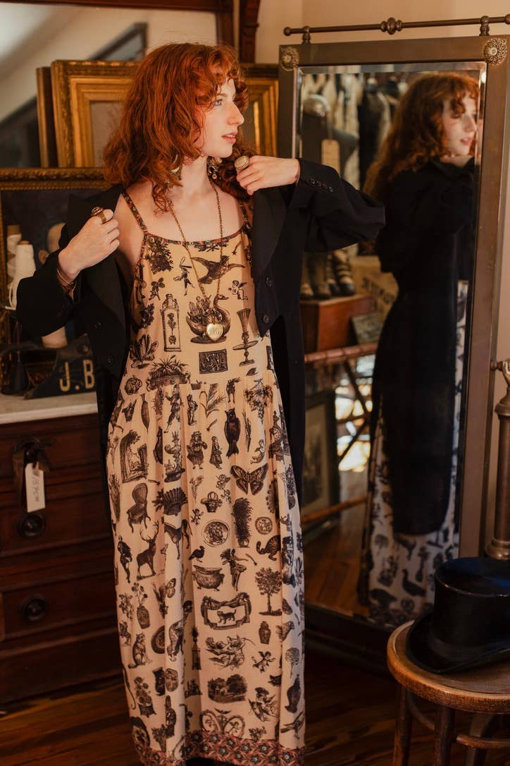 Curiosities Bohéme Maxi Slip Dress w/ whimiscal print: S/M