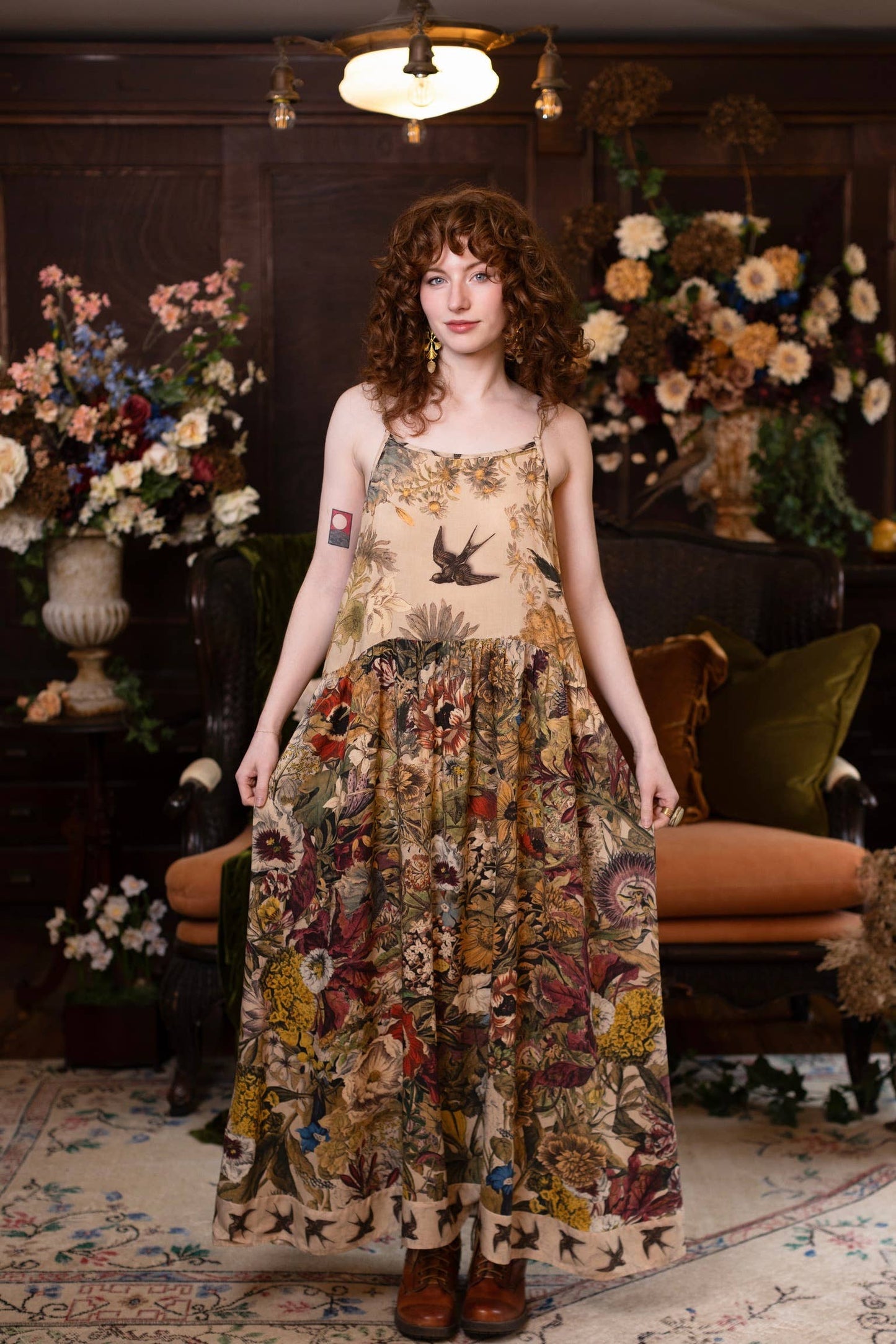 Golden Hour Bohéme Long Maxi Slip Dress w/ Floral Print: L/XL (fits approx. size 12-16)