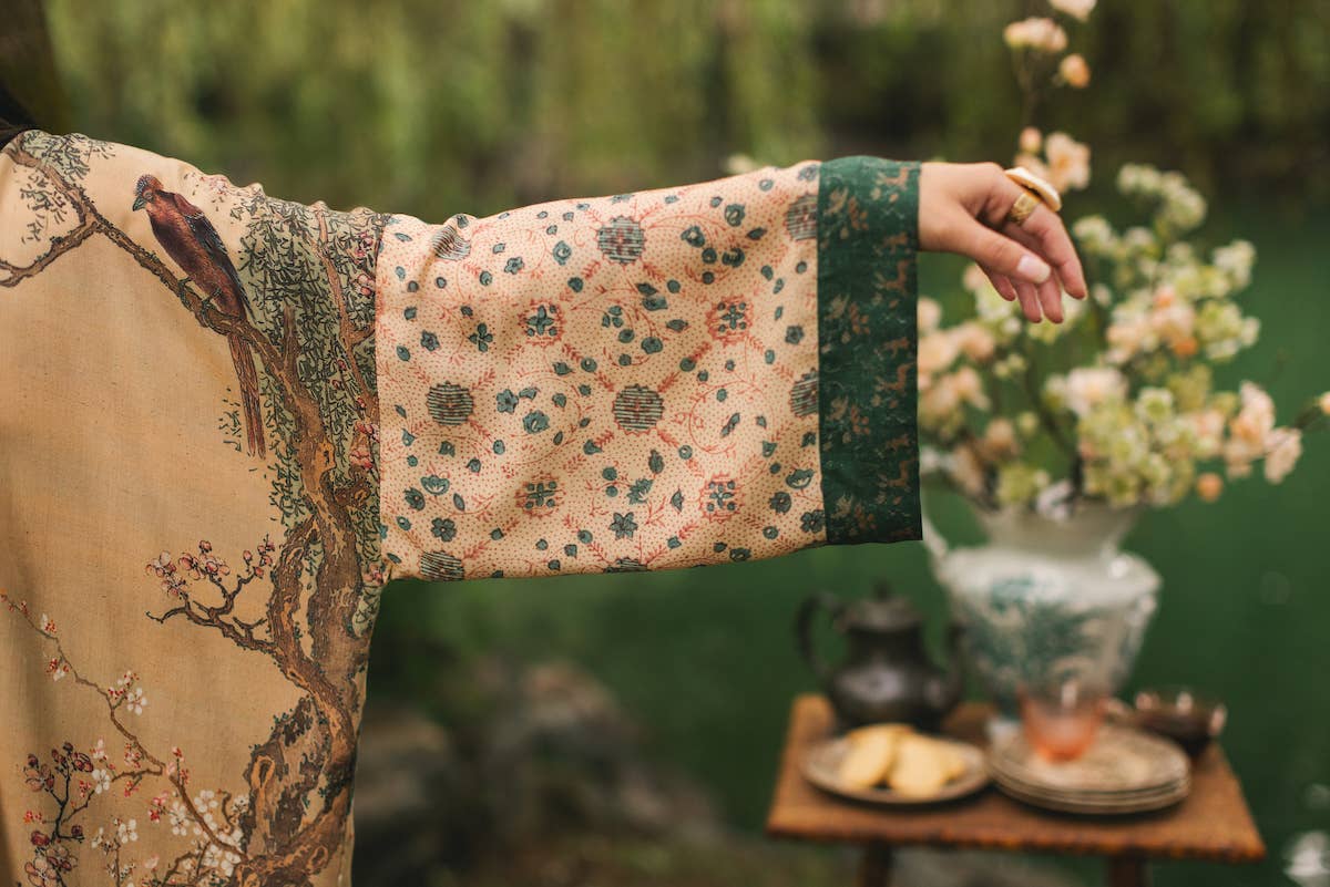 Fable Matinée Duster Kimono w/ Deer and Moon, mid-length
