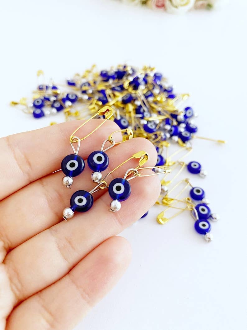 Gold Evil Eye Safety Pins, Blue Glass Evil eye, Bulk Favor