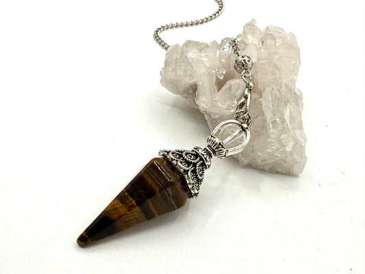 Yellow Tiger Eye Double Cap Pendulum with Silver Plate Chain