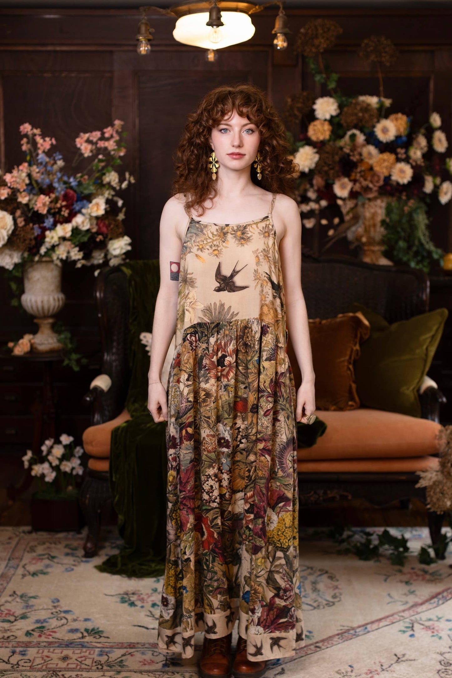 Golden Hour Bohéme Long Maxi Slip Dress w/ Floral Print: S/M (fits approx. size 6-10)