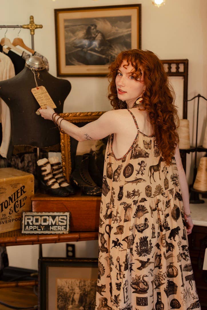 Curiosities Bohéme Maxi Slip Dress w/ whimiscal print: S/M