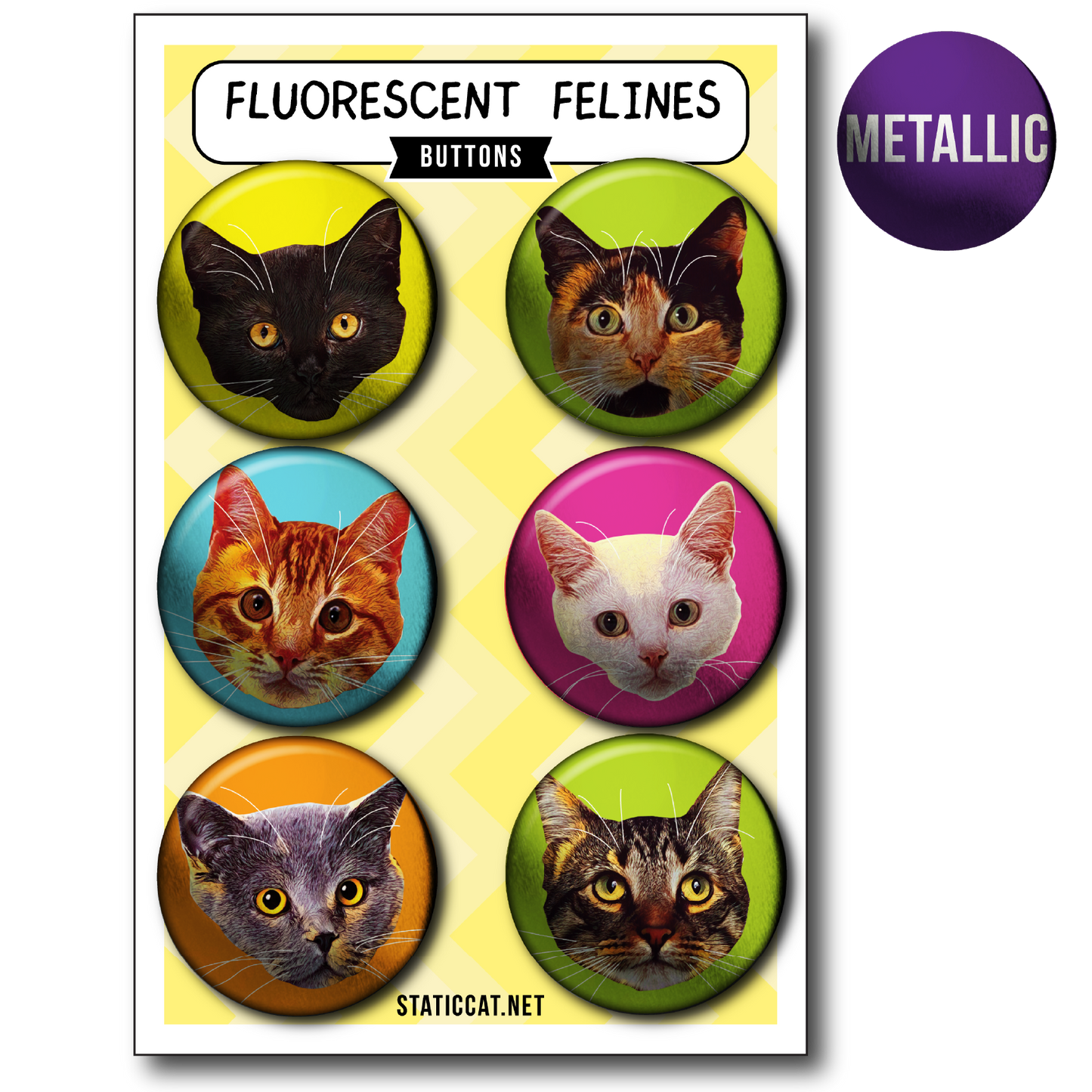 Fluorescent Felines (6-Pack) – Pins: Small METALLIC 6-pack pins
