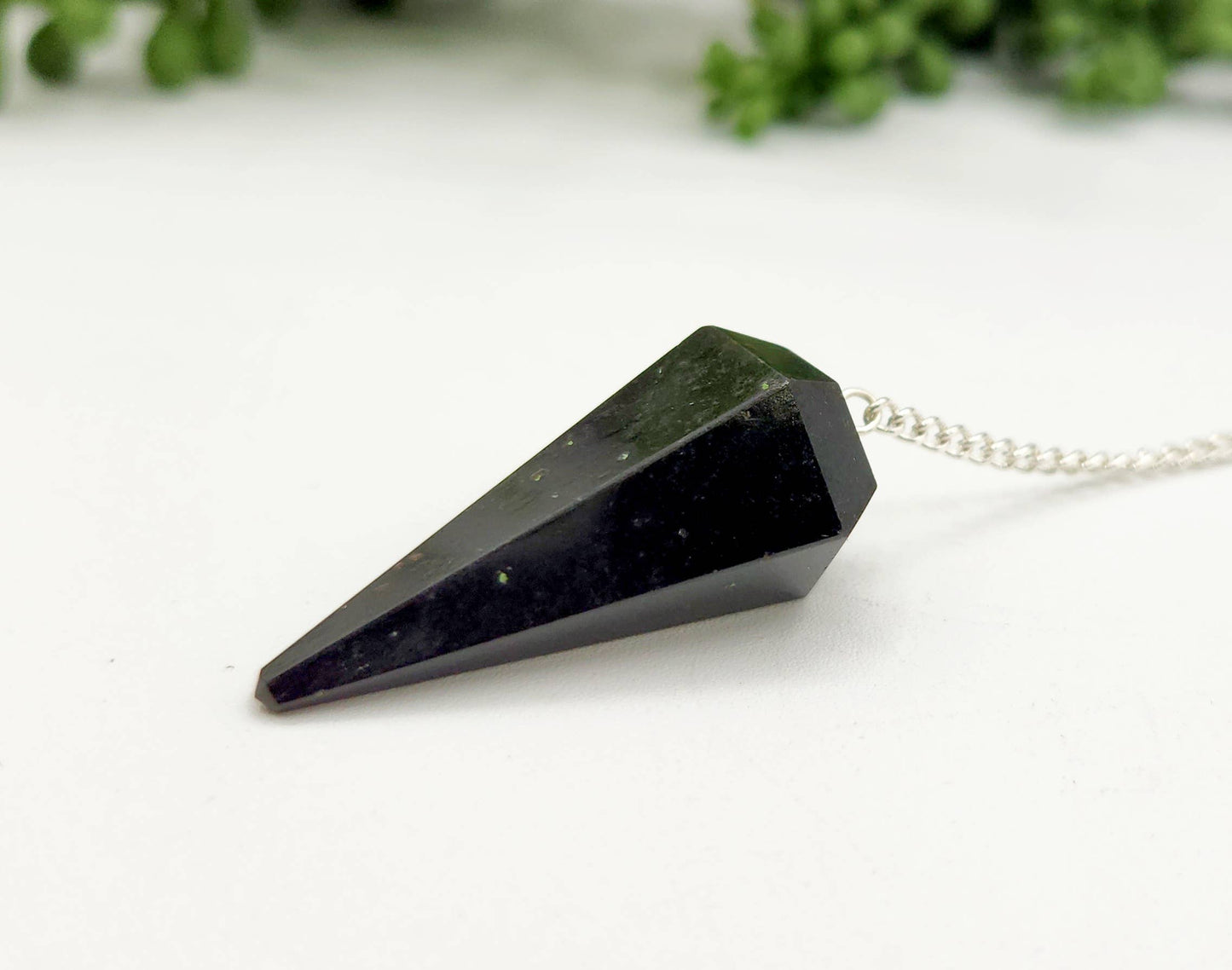 Black Tourmaline Pendulum w/Chakra Beads-Silver Plate Chain