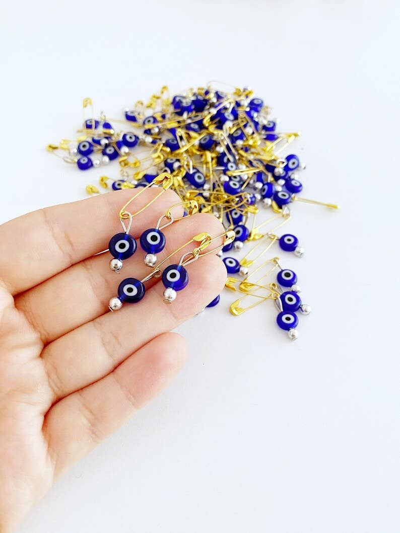 Gold Evil Eye Safety Pins, Blue Glass Evil eye, Bulk Favor