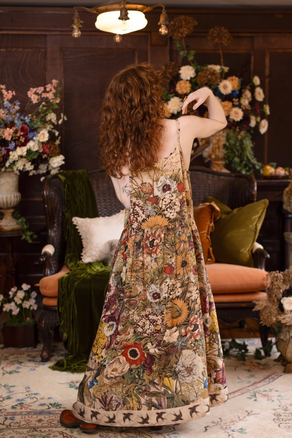 Golden Hour Bohéme Long Maxi Slip Dress w/ Floral Print: L/XL (fits approx. size 12-16)