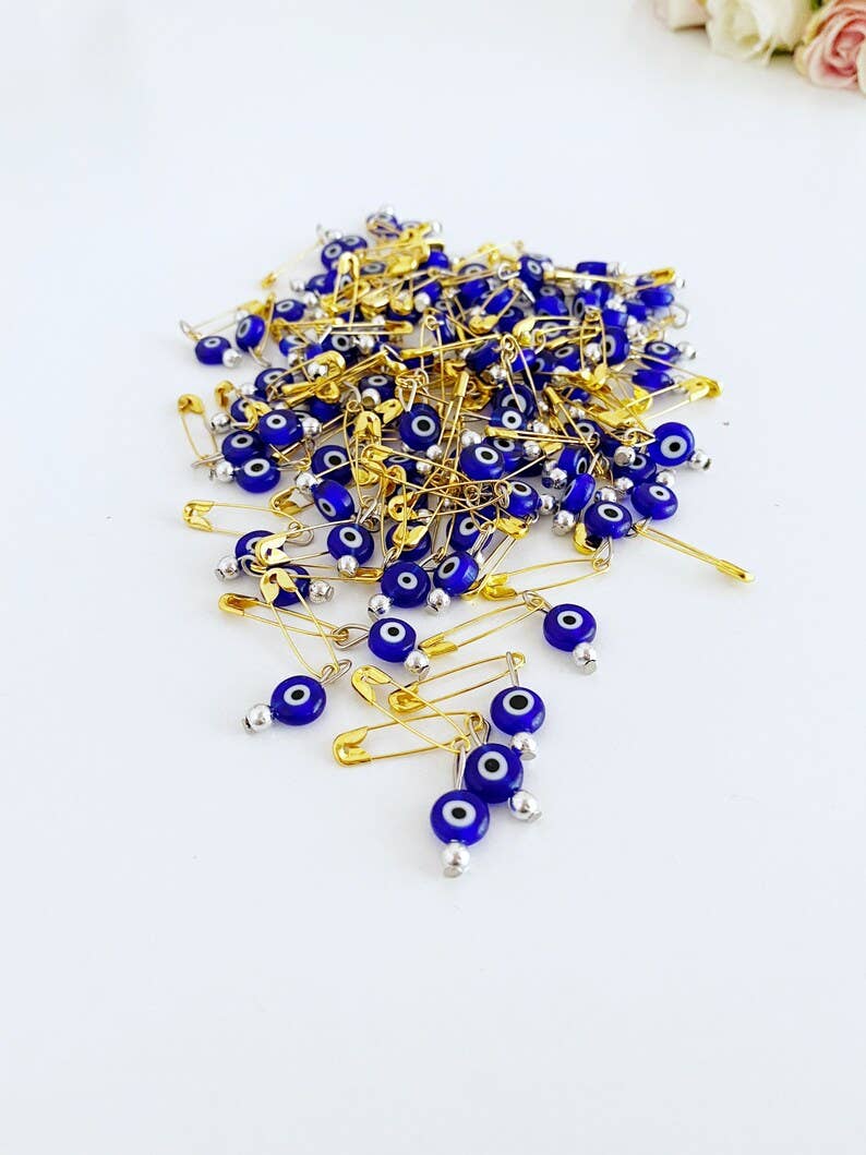 Gold Evil Eye Safety Pins, Blue Glass Evil eye, Bulk Favor