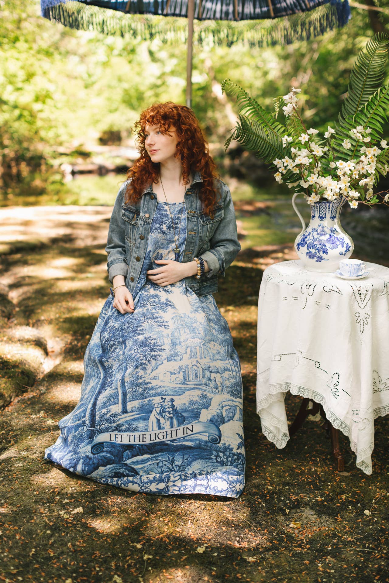 Let The Light In Bohéme Long Maxi Slip Dress w Delft Print: S/M (fits approx. size 6-10)