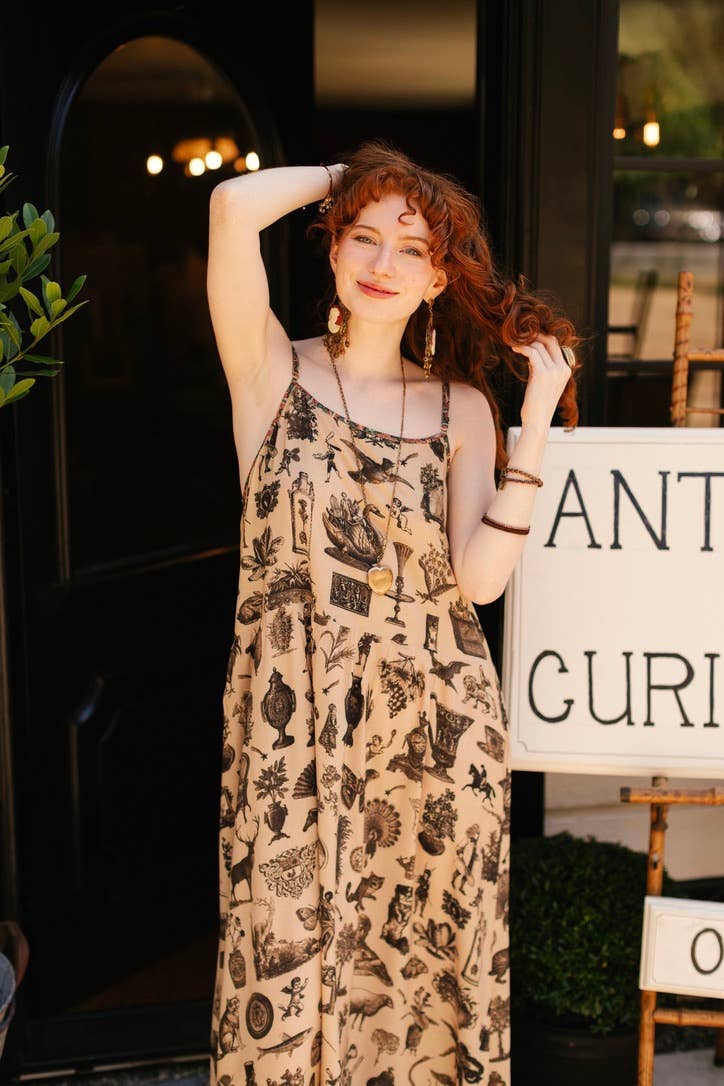 Curiosities Bohéme Maxi Slip Dress w/ whimiscal print: S/M