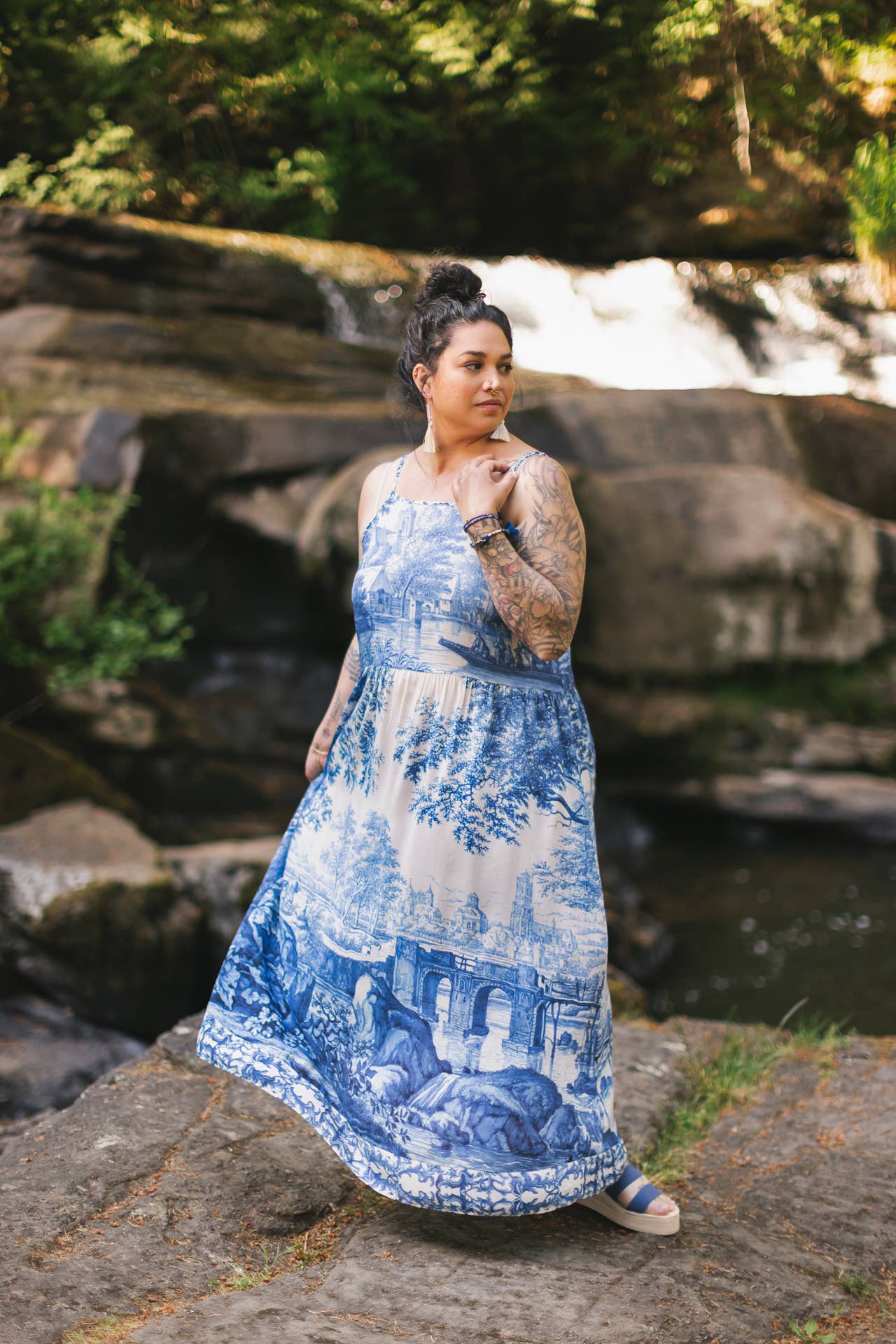 Let The Light In Bohéme Long Maxi Slip Dress w Delft Print: S/M (fits approx. size 6-10)