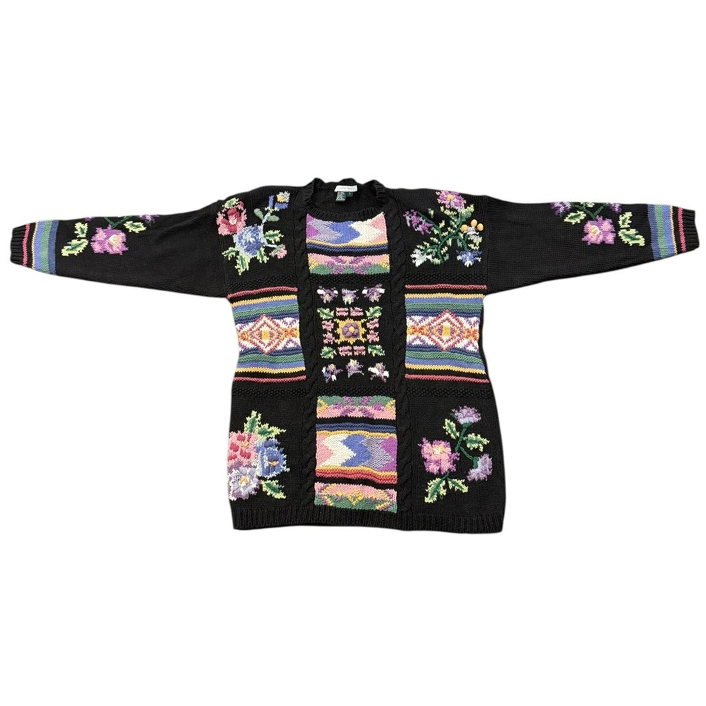 Jennifer Reede hand knit floral granny style sweater Size L
