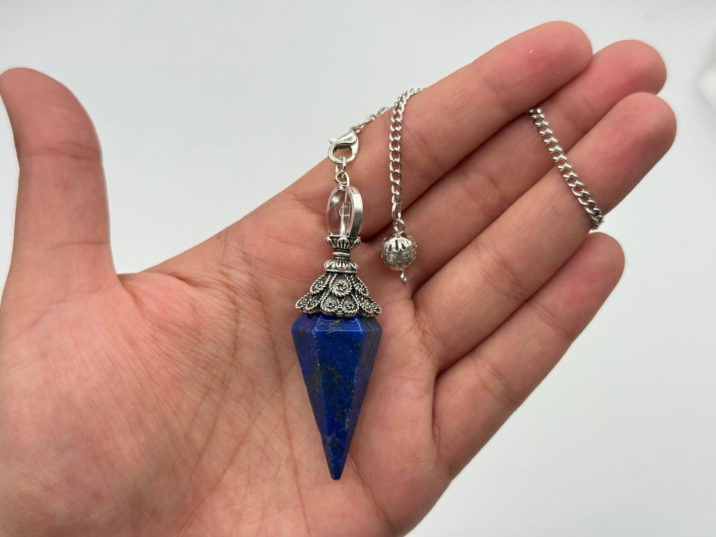 Lapis Lazulli Double Cap Pendulum with Silver Plate Chain