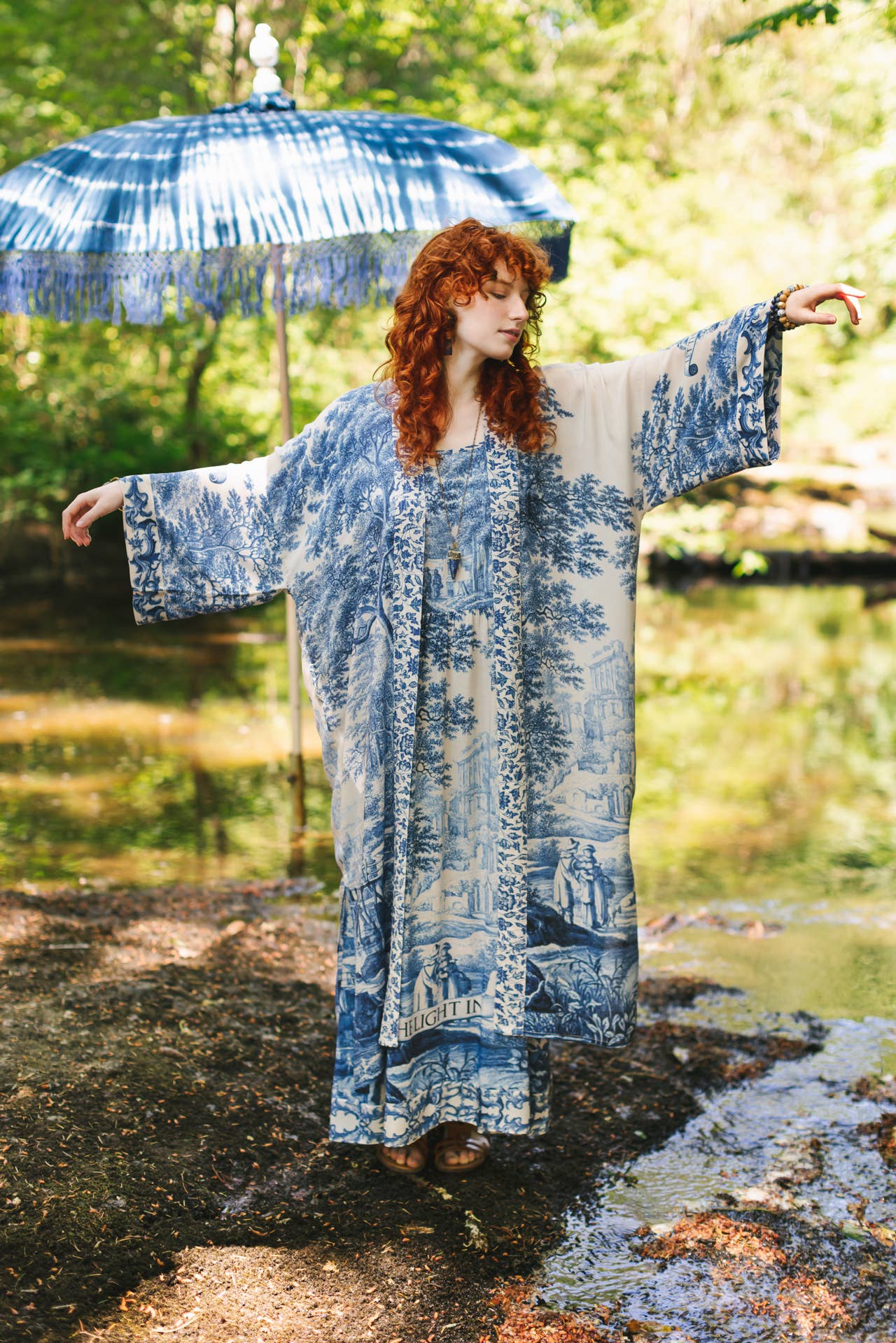 Let The Light In Bohéme Long Maxi Slip Dress w Delft Print: S/M (fits approx. size 6-10)