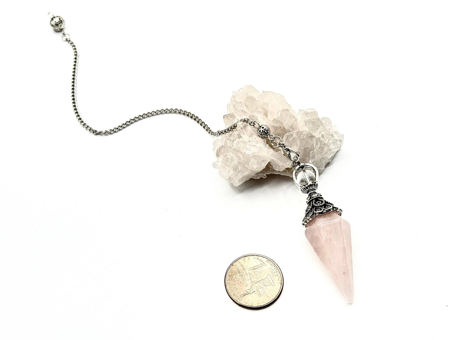 Rose Quartz Double Cap Pendulum with Silver Plate Chain