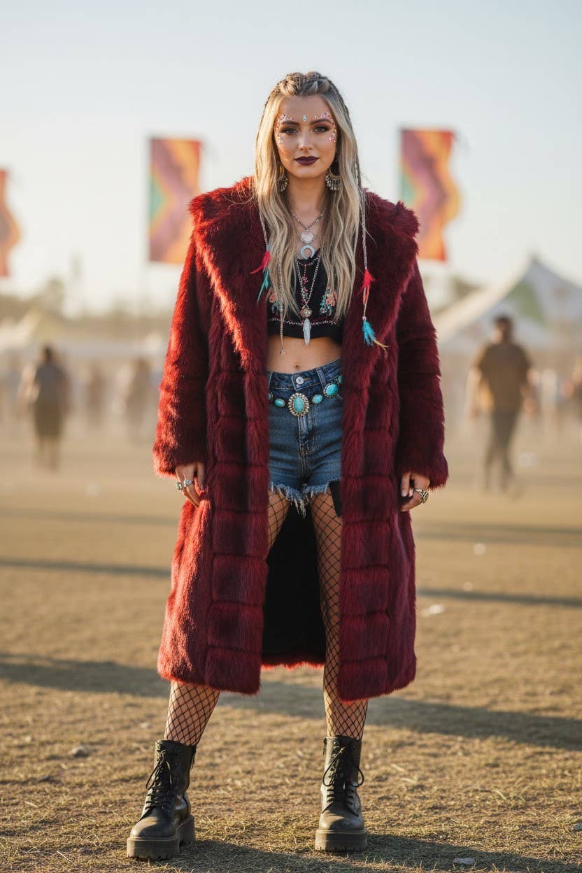 Red Faux Fur Coat with Hoodie: RED / L