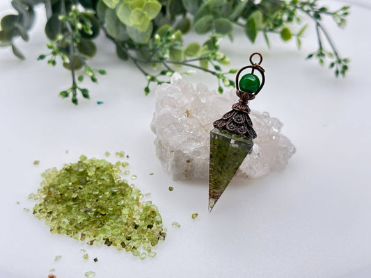 Peridot (Natural) Chips w/ Copper in Resin Pendulum