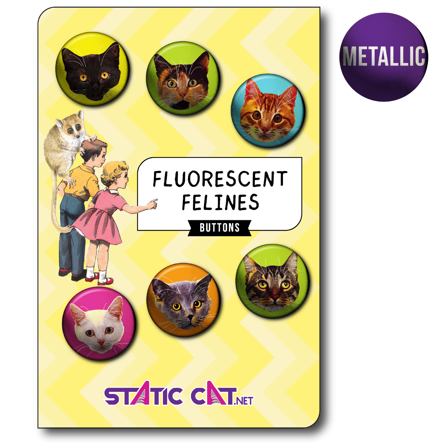 Fluorescent Felines (6-Pack) – Pins: Small METALLIC 6-pack pins