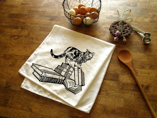 Bookstore Cat Kitchen Towel: Black